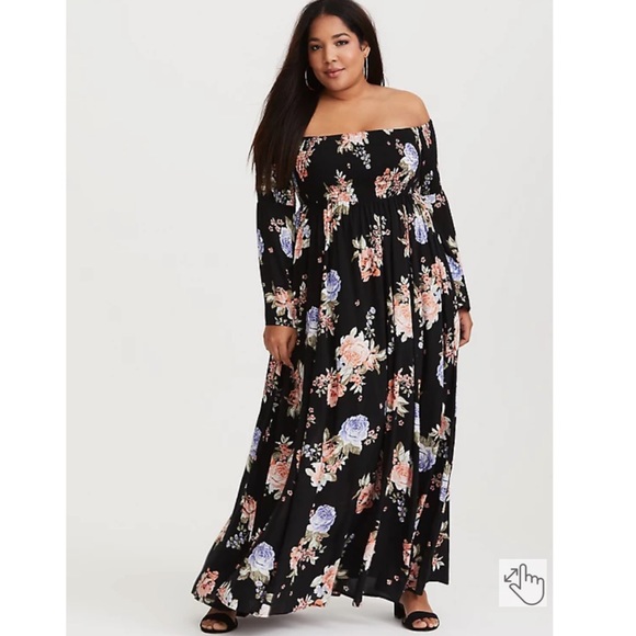 torrid Dresses & Skirts - NWT Torrid Black Floral Smocked Off Shoulder Bell Sleeve Maxi Dress Plus Sz 0X